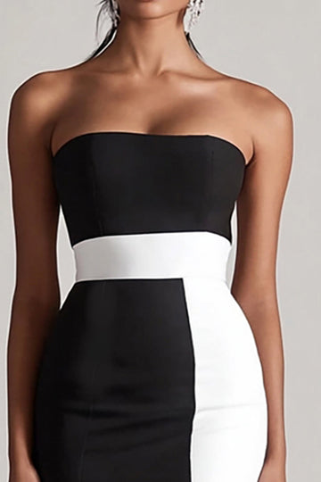 Black and White Satin Strapless Bodycon Short Graduation Dress